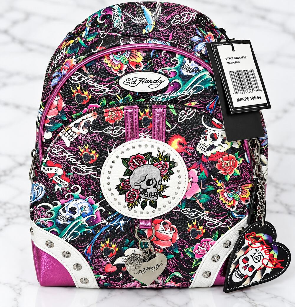Ed Hardy Heather Backpack Tattoo Skull & Rose Studded Embroidered Y2K Bag NWT